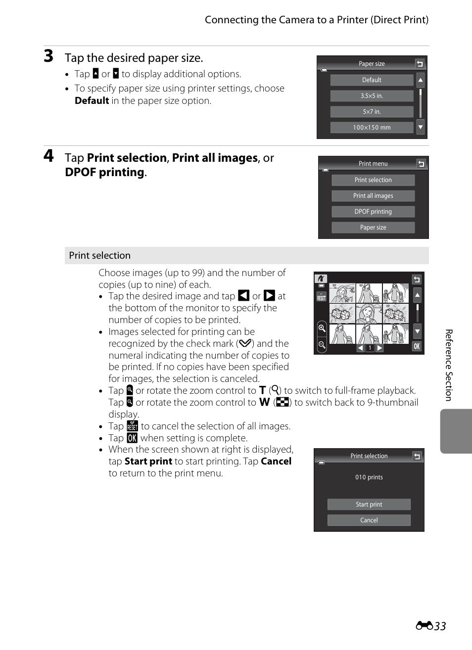 Tap the desired paper size, Connecting the camera to a printer (direct print) | Nikon S4300 User Manual | Page 141 / 224