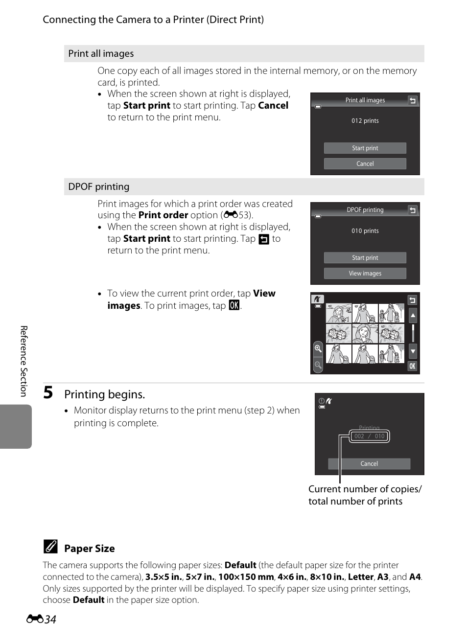 Printing begins, Connecting the camera to a printer (direct print), Paper size | Nikon S4300 User Manual | Page 142 / 224