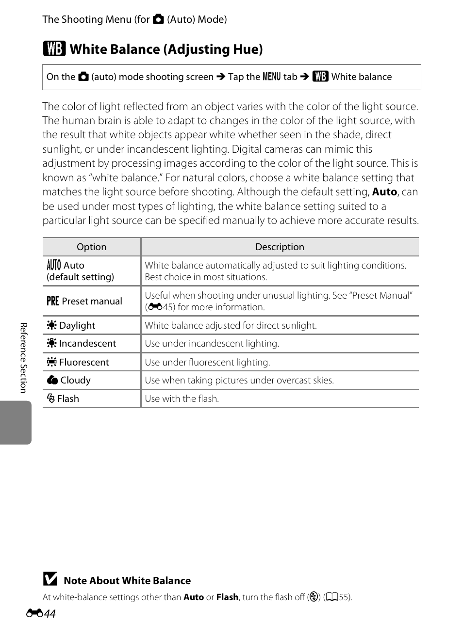 White balance (adjusting hue), W white balance (adjusting hue) | Nikon S4300 User Manual | Page 152 / 224