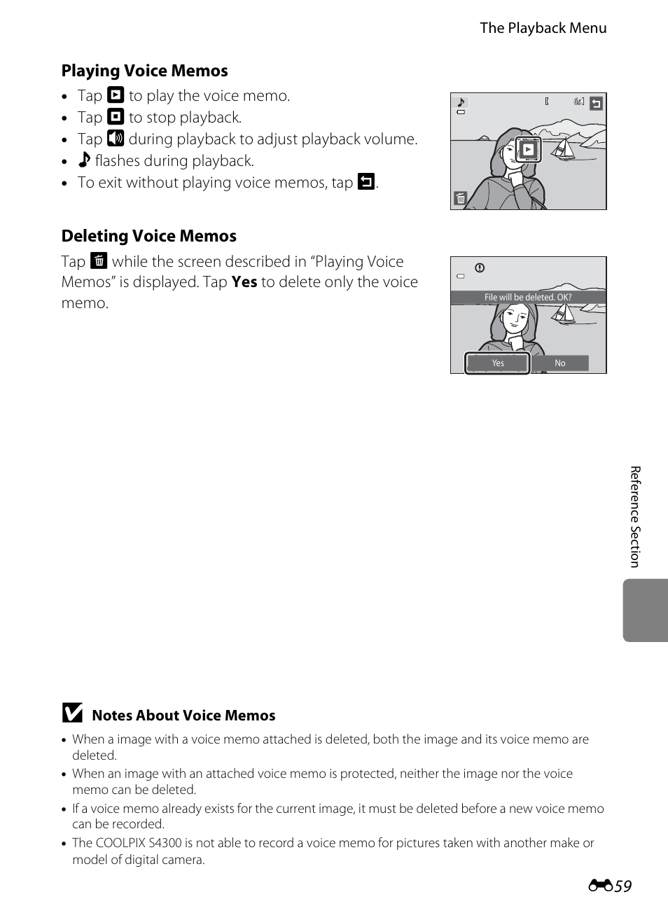 In “playing voice memos, E59) to | Nikon S4300 User Manual | Page 167 / 224