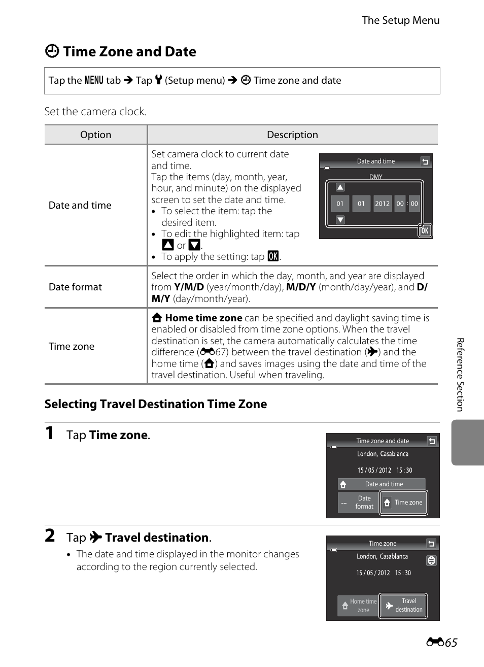 Time zone and date, D time zone and date, Selecting travel destination time zone | Tap time zone, Tap x travel destination | Nikon S4300 User Manual | Page 173 / 224