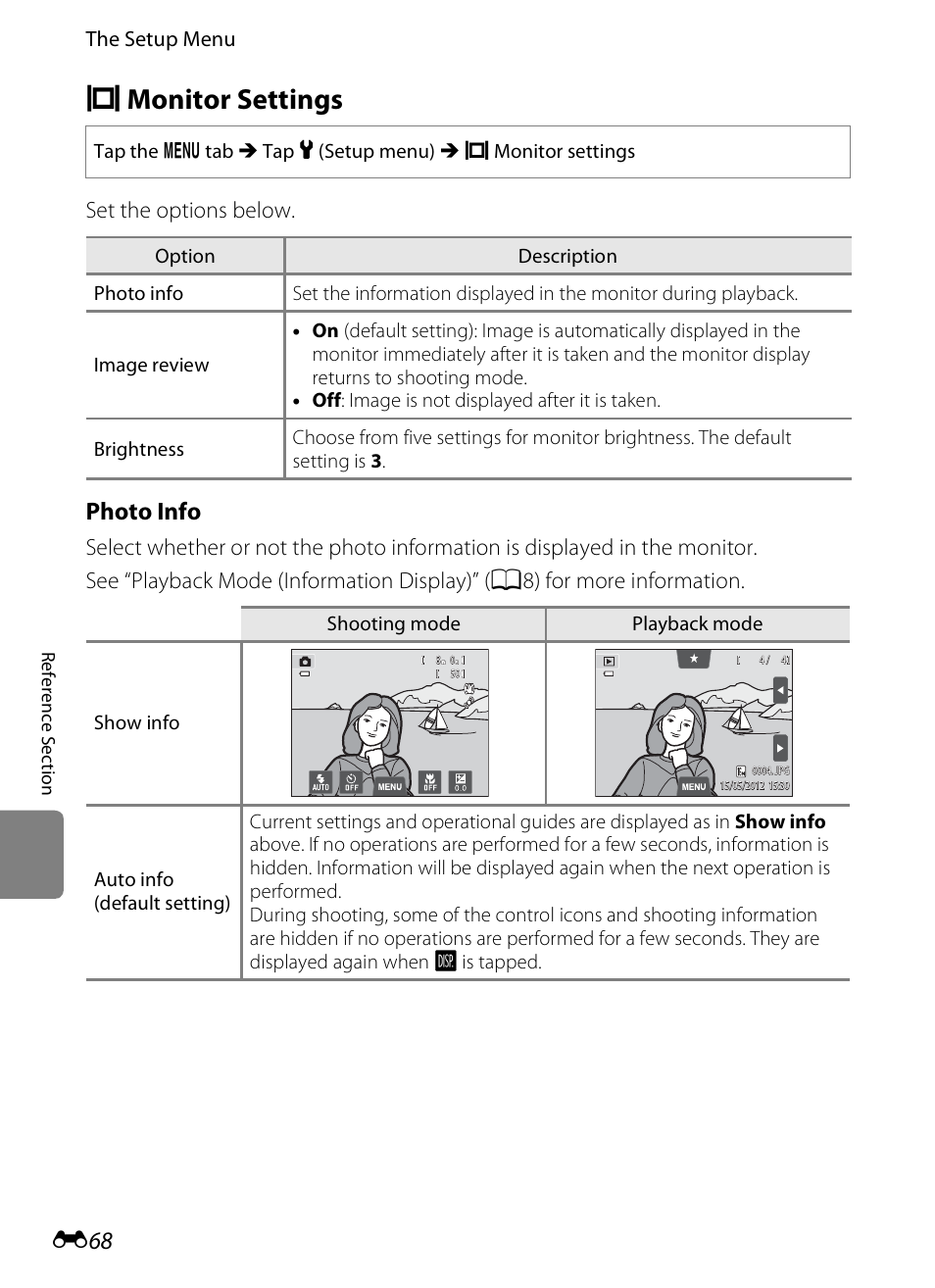 Monitor settings, E monitor settings, Photo info | Set the options below, The setup menu | Nikon S4300 User Manual | Page 176 / 224