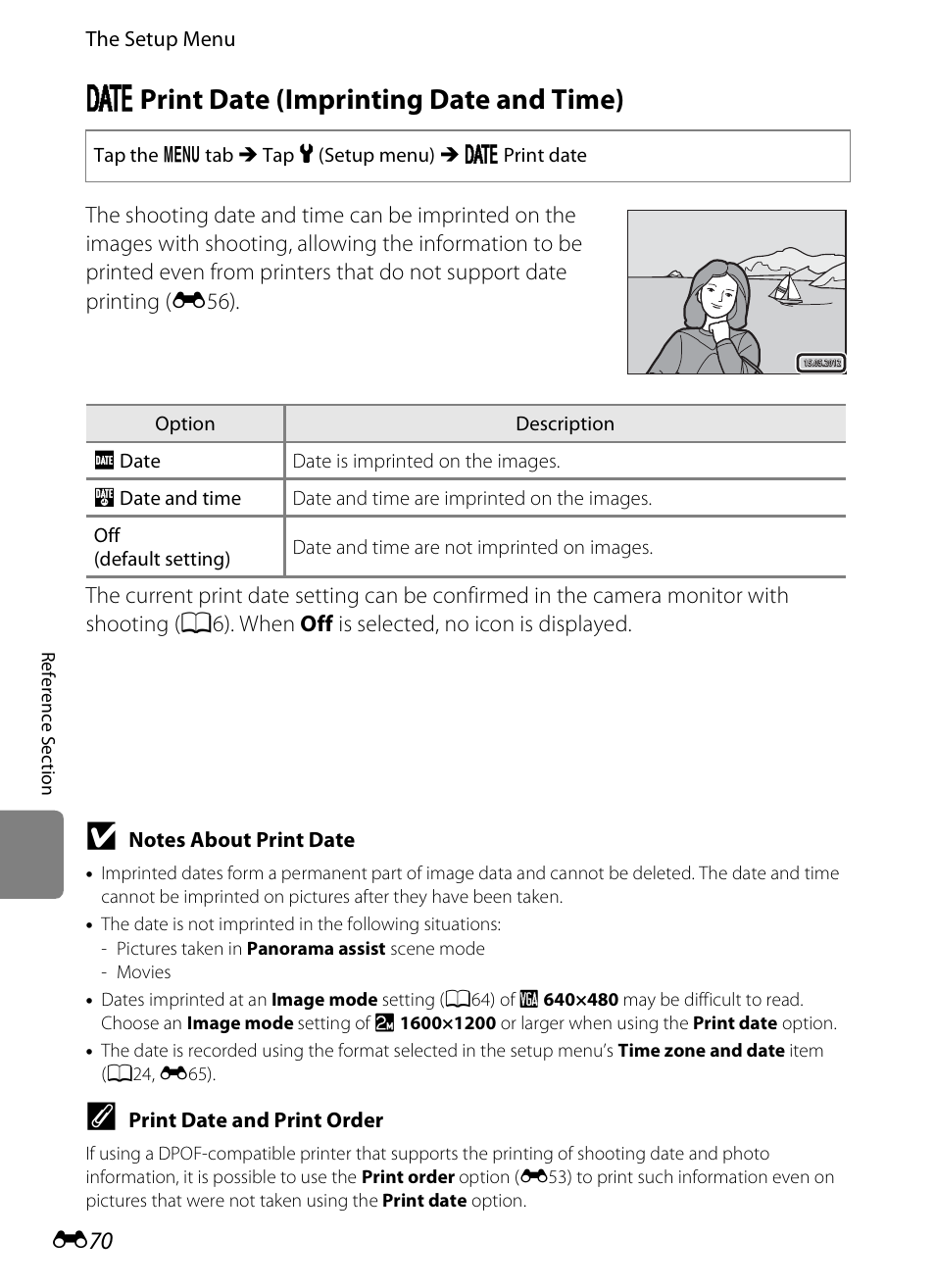 Print date (imprinting date and time), Option, E70) | C print date (imprinting date and time) | Nikon S4300 User Manual | Page 178 / 224