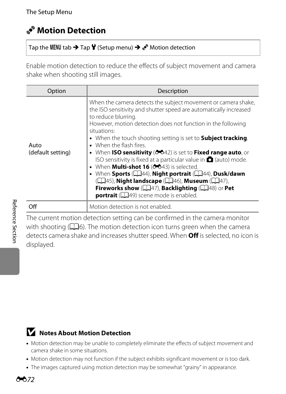 Motion detection, U motion detection, E72) | Nikon S4300 User Manual | Page 180 / 224