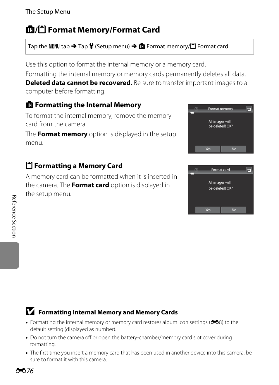 Format memory/format card, L/m format memory/format card, E76) | Nikon S4300 User Manual | Page 184 / 224