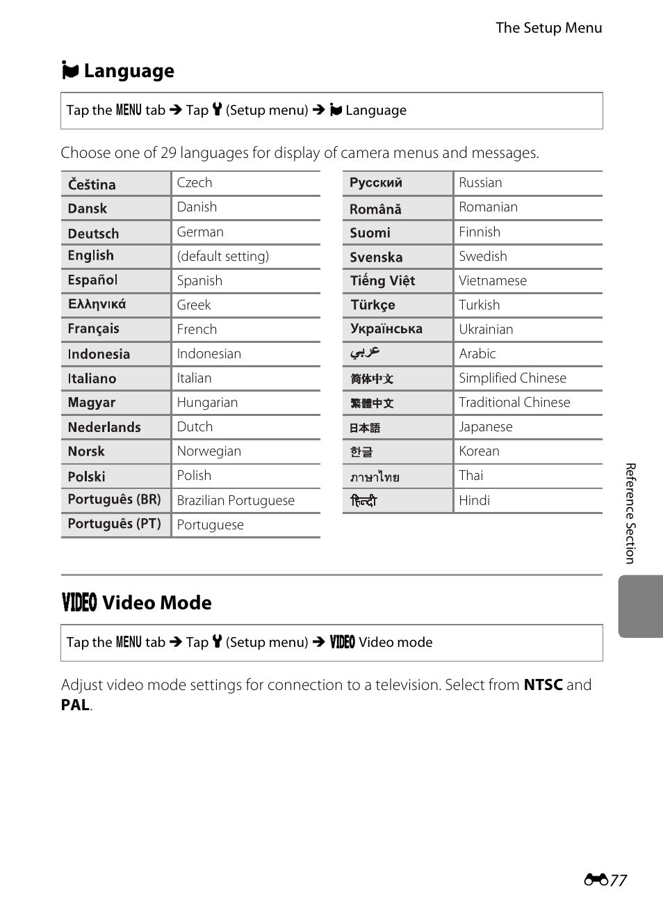 Language, Video mode, N language | O video mode | Nikon S4300 User Manual | Page 185 / 224
