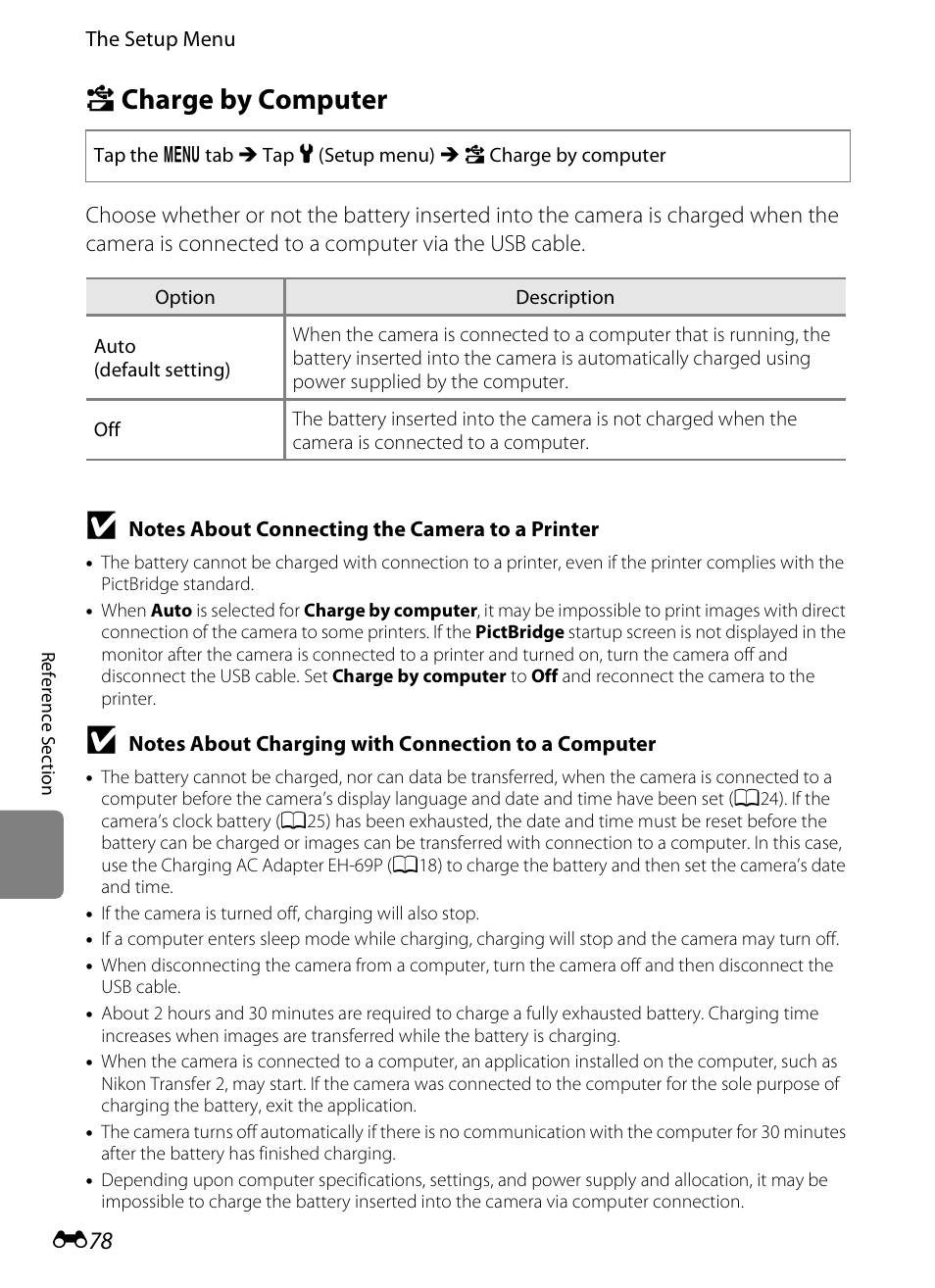 Charge by computer, V charge by computer, E78) | Nikon S4300 User Manual | Page 186 / 224