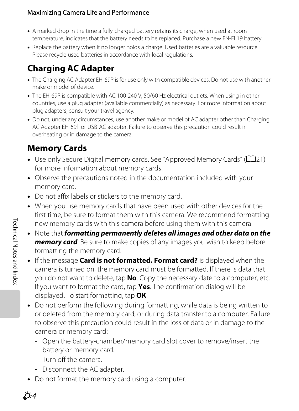 Charging ac adapter, Memory cards, F4) in | Nikon S4300 User Manual | Page 204 / 224