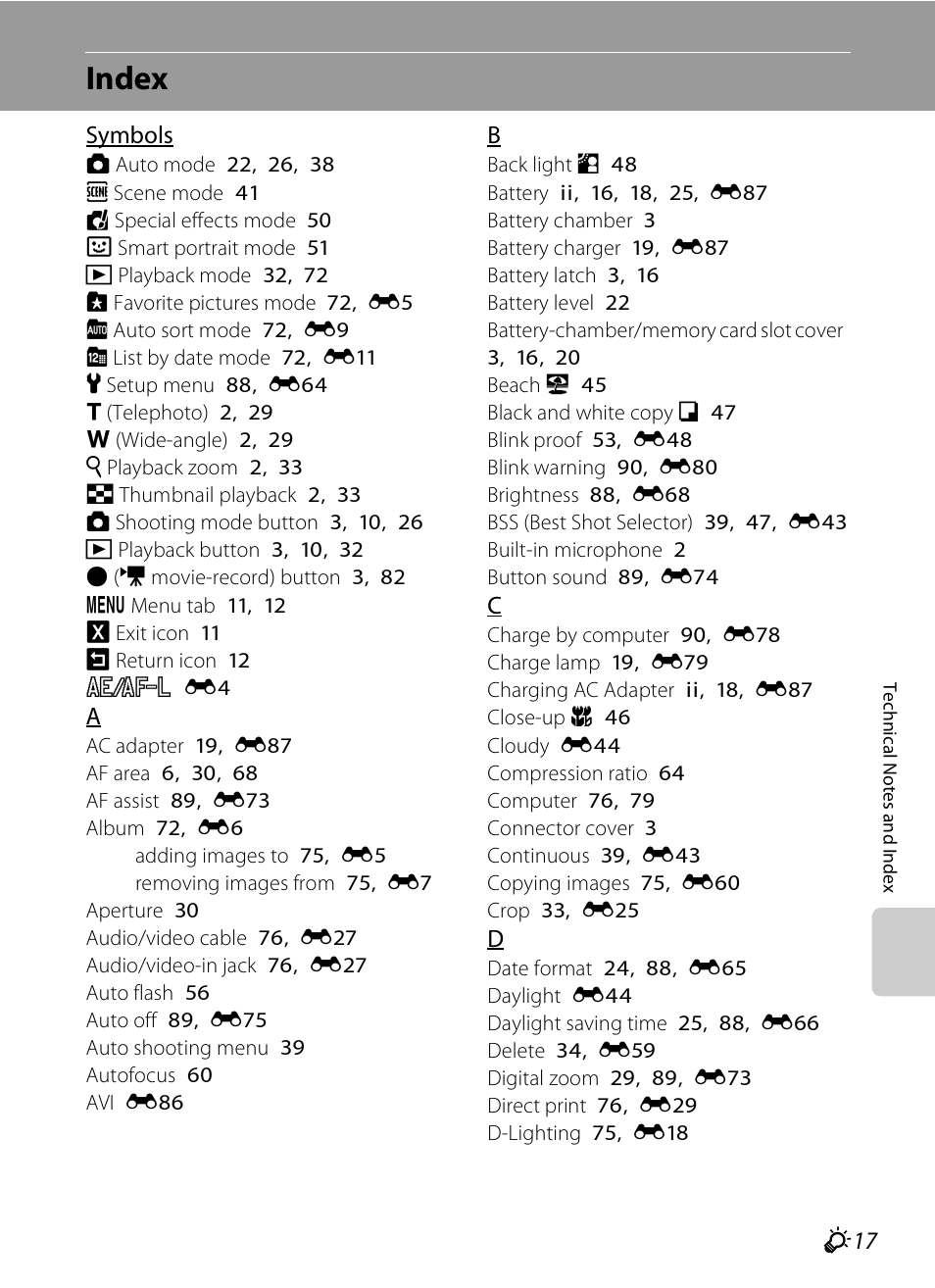 Index, F 17 | Nikon S4300 User Manual | Page 217 / 224