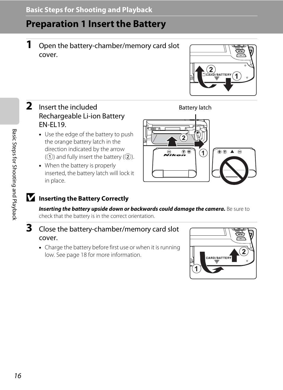 Preparation 1 insert the battery | Nikon S4300 User Manual | Page 34 / 224
