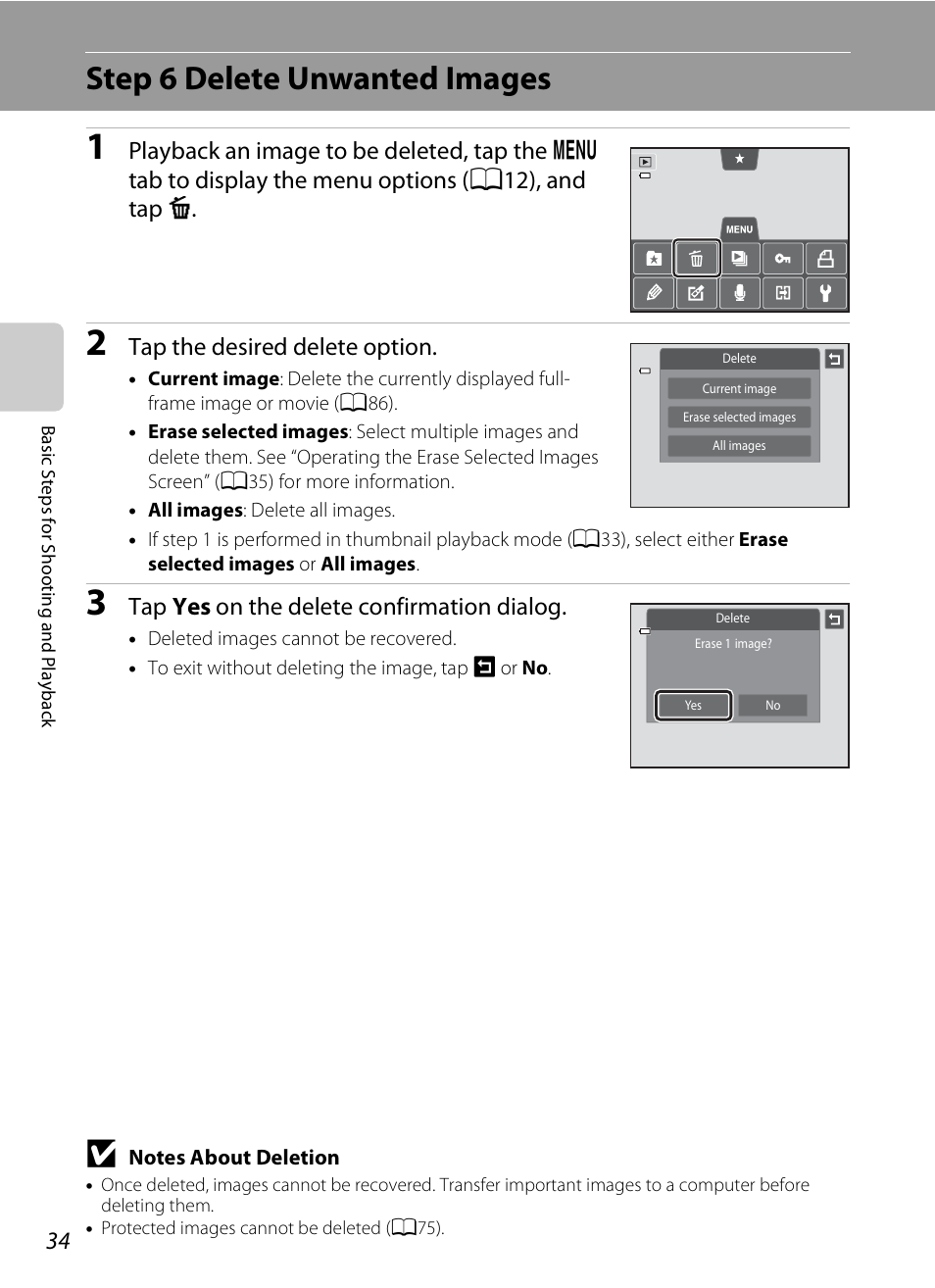 Step 6 delete unwanted images, Tap the desired delete option, Tap yes on the delete confirmation dialog | Nikon S4300 User Manual | Page 52 / 224