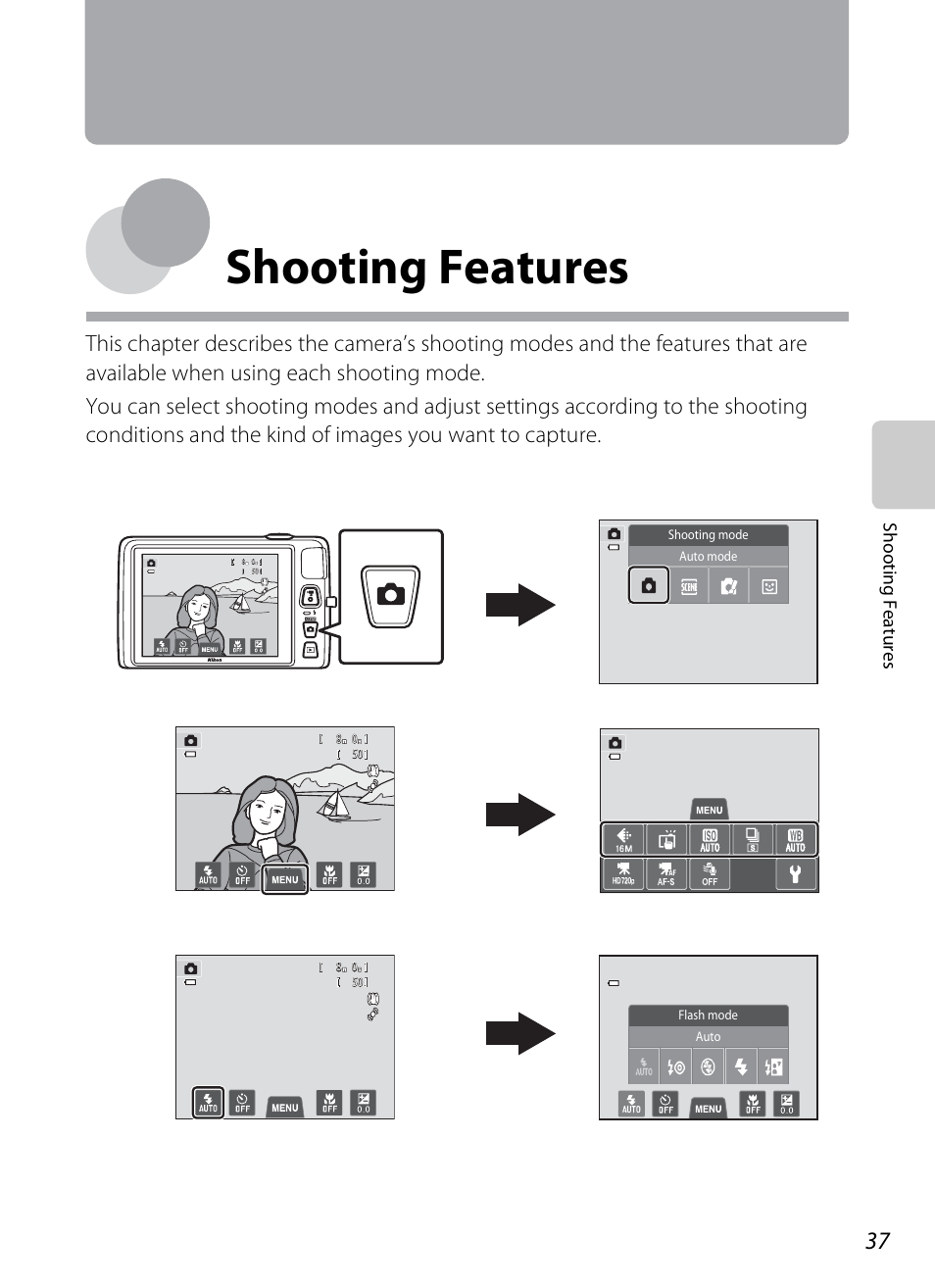 Shooting features, A37) | Nikon S4300 User Manual | Page 55 / 224