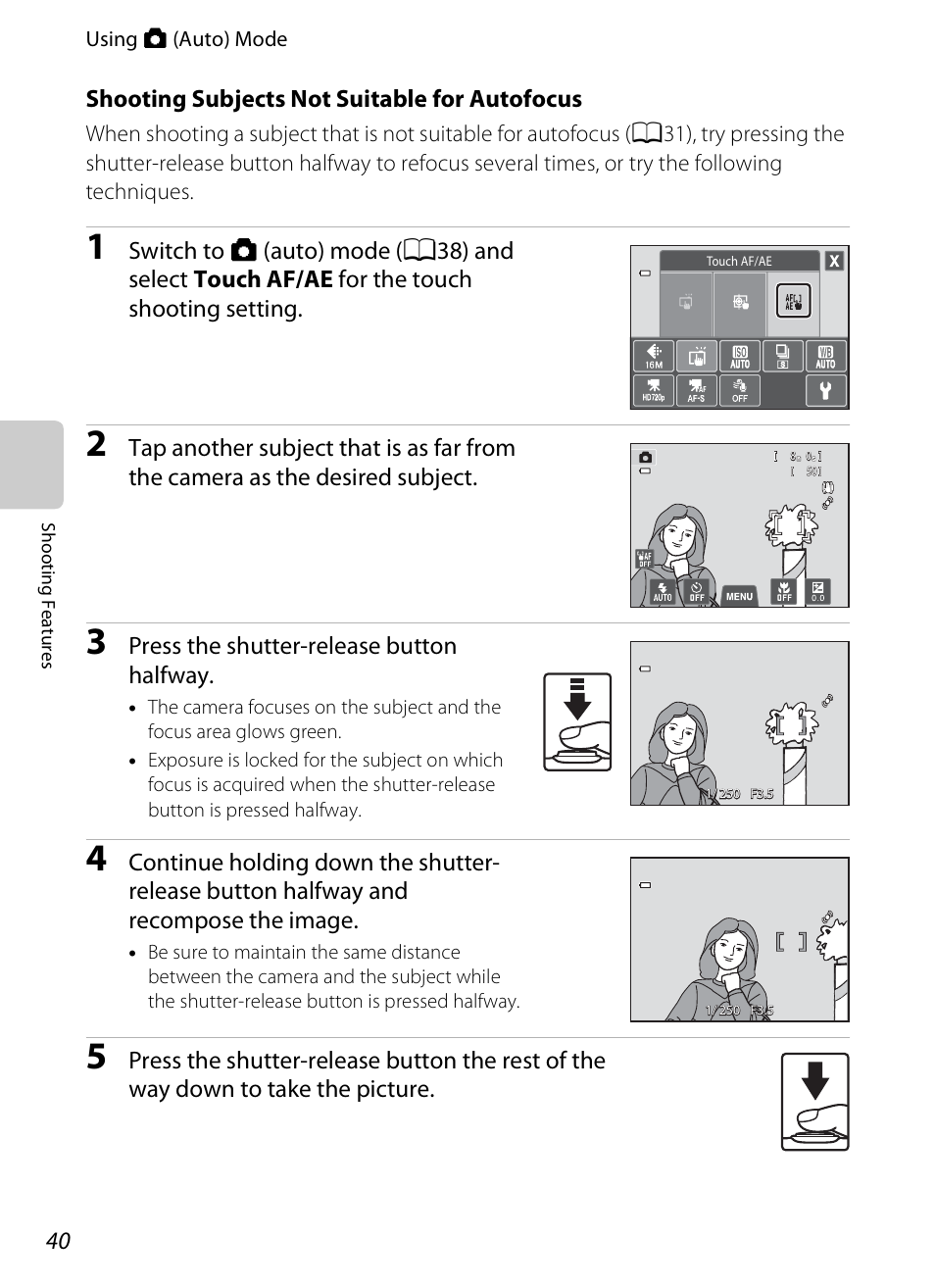 Shooting subjects not suitable for autofocus, Press the shutter-release button halfway | Nikon S4300 User Manual | Page 58 / 224