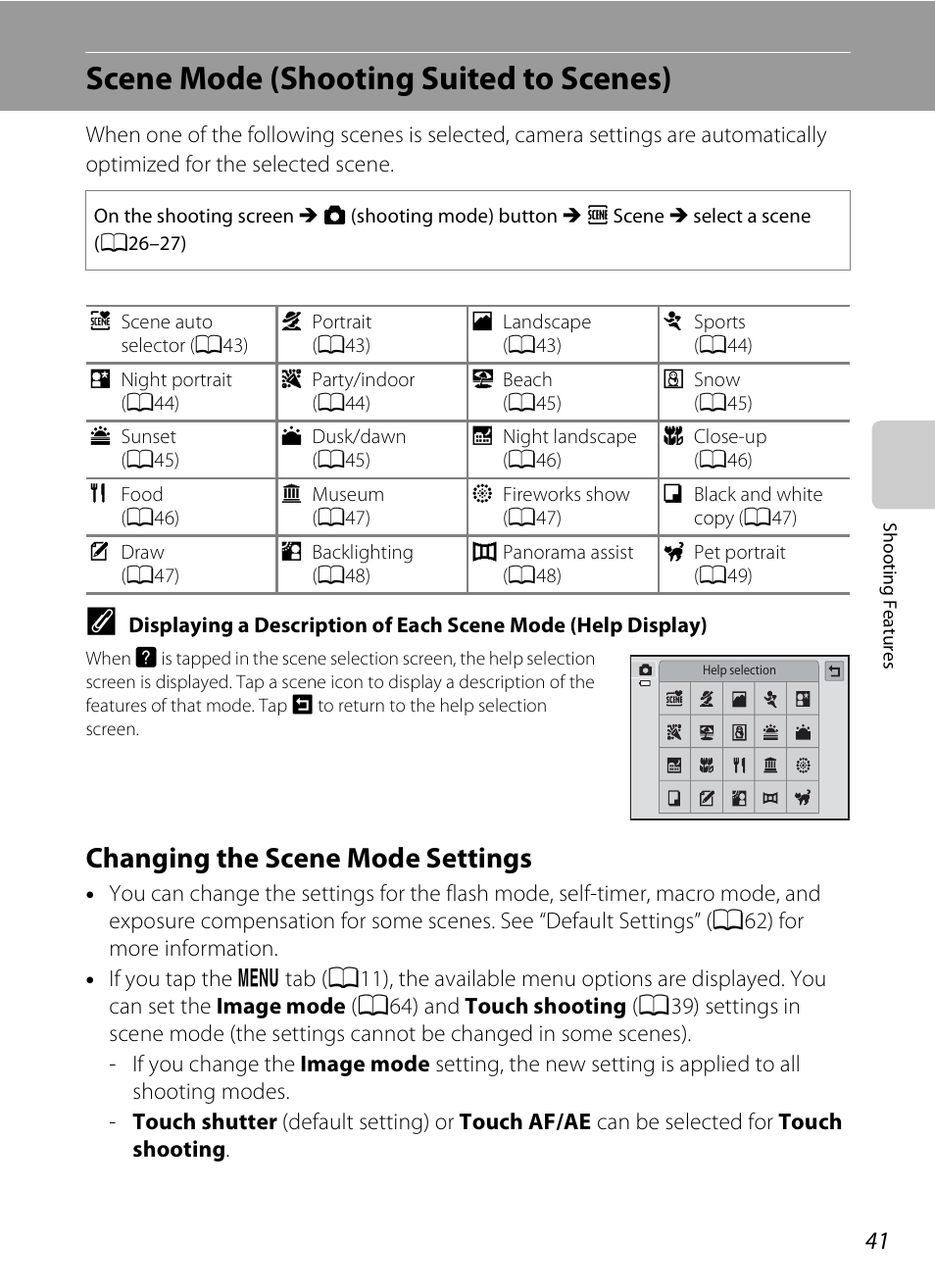 Scene mode (shooting suited to scenes), Changing the scene mode settings | Nikon S4300 User Manual | Page 59 / 224