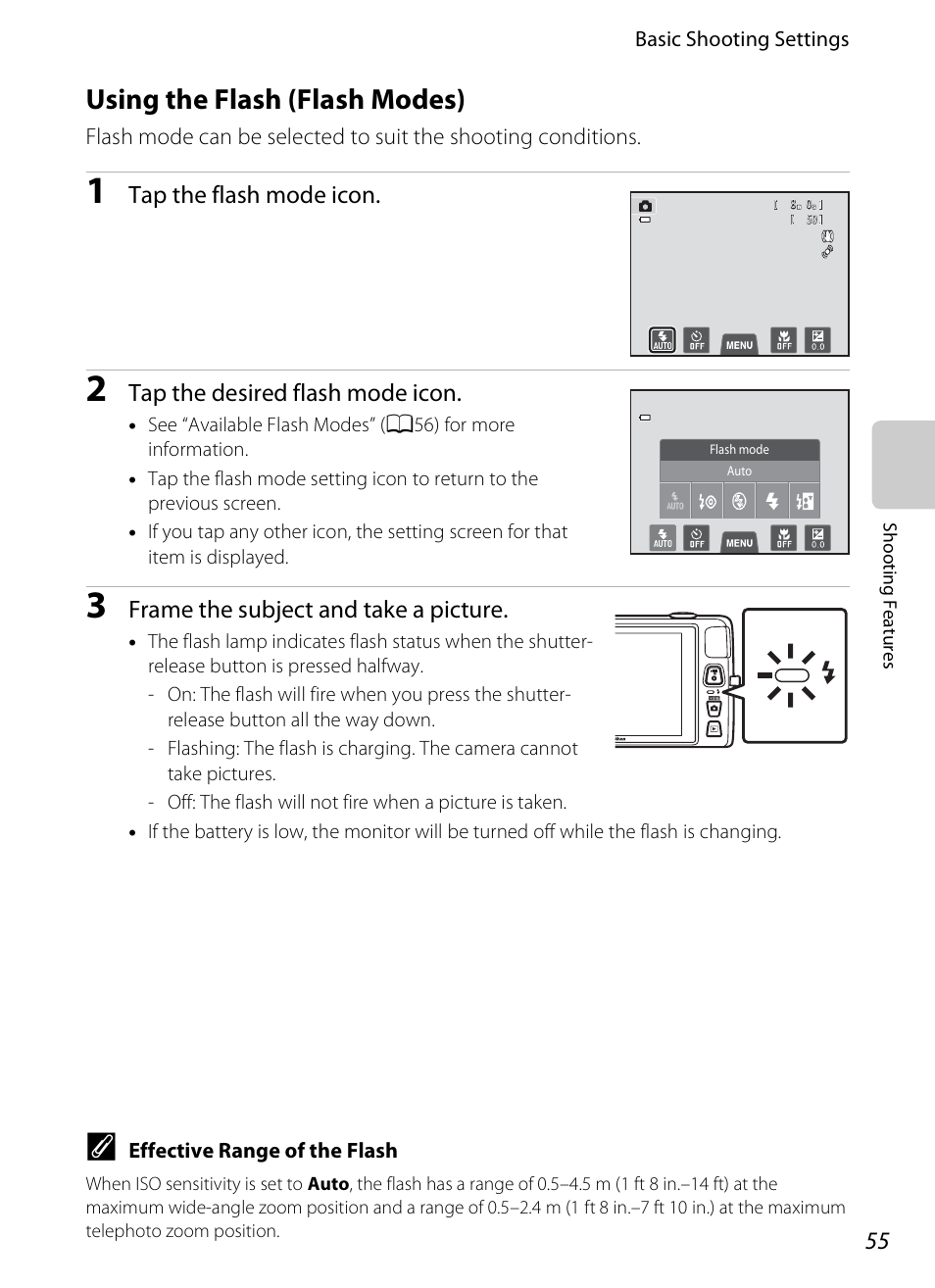 Using the flash (flash modes), A55), A55) to | Tap the flash mode icon, Tap the desired flash mode icon, Frame the subject and take a picture | Nikon S4300 User Manual | Page 73 / 224