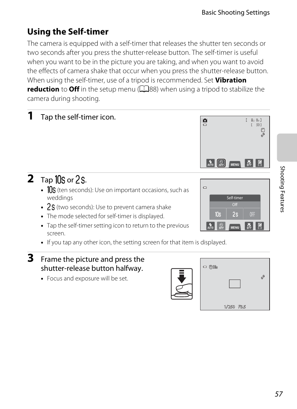 Using the self-timer, A57), Tap the self-timer icon | Tap y or z | Nikon S4300 User Manual | Page 75 / 224