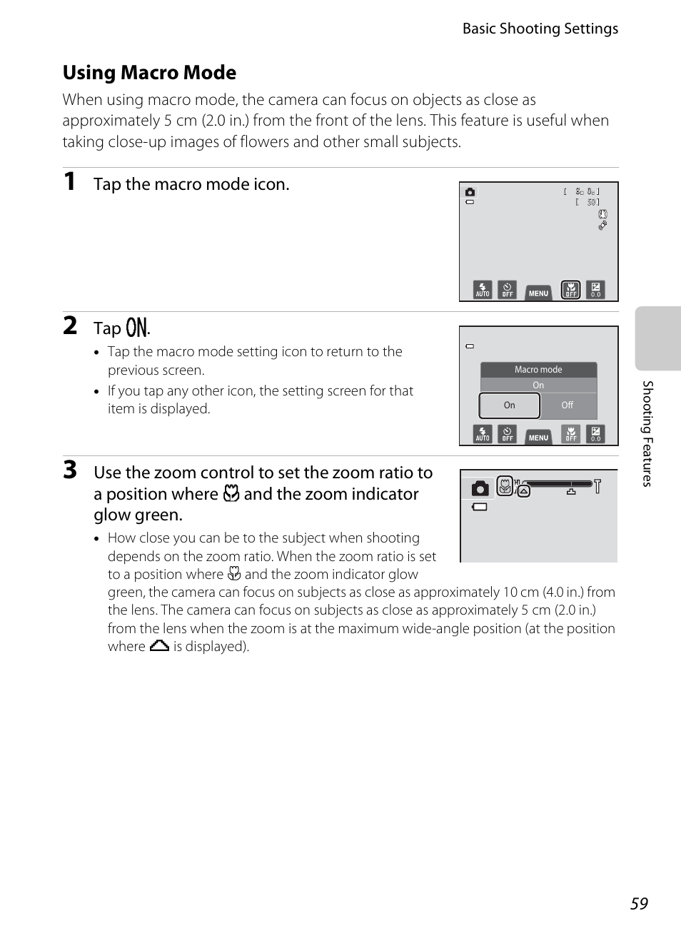 Using macro mode, A59) o, A59) | A59) w, Tap the macro mode icon, Tap o | Nikon S4300 User Manual | Page 77 / 224