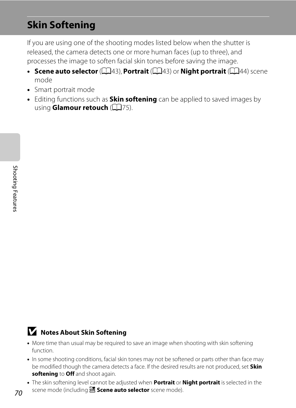Skin softening, A70) | Nikon S4300 User Manual | Page 88 / 224