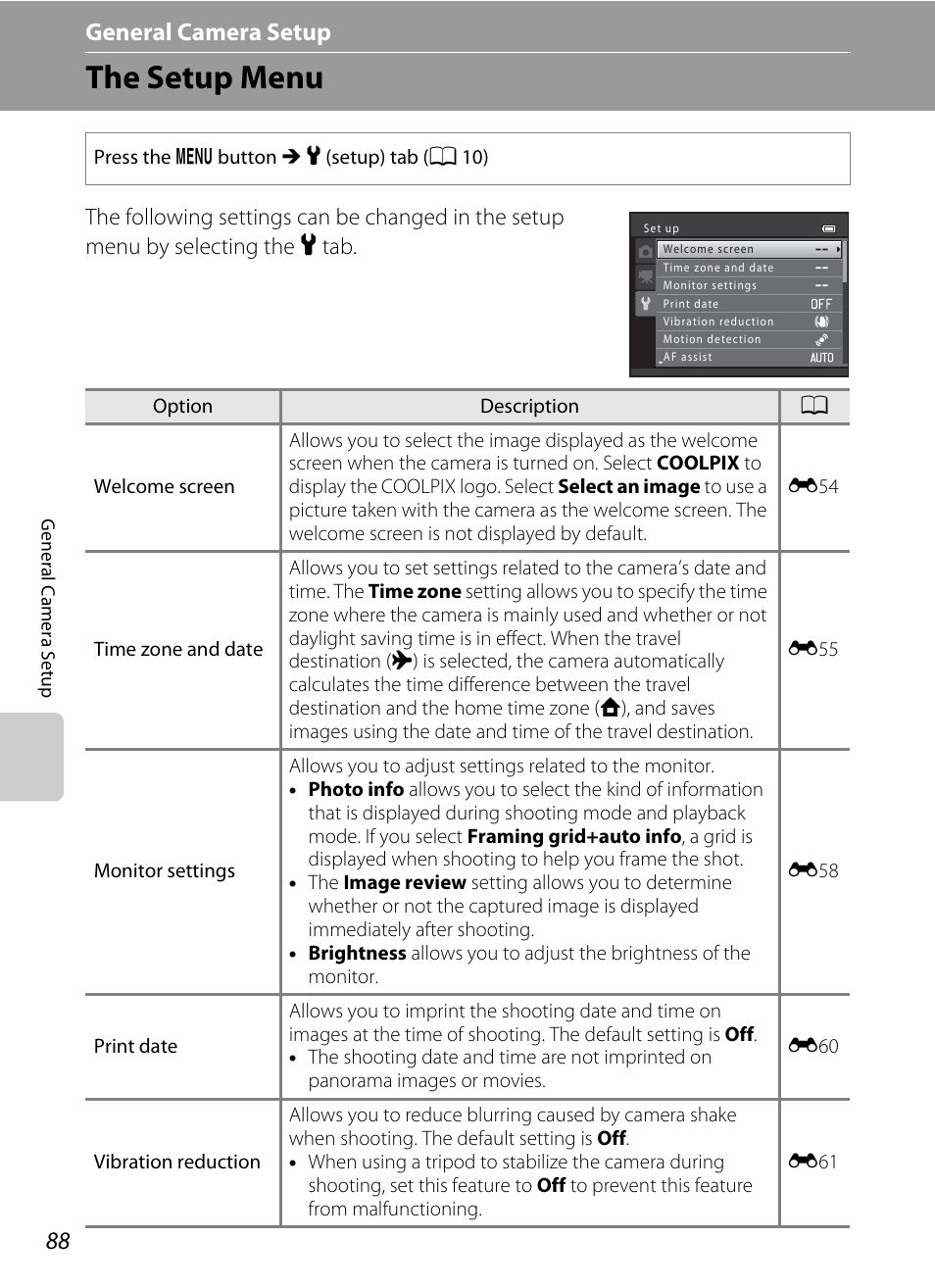 The setup menu, A 88), A 88) when u | A 88) to, General camera setup | Nikon S6200 User Manual | Page 104 / 212