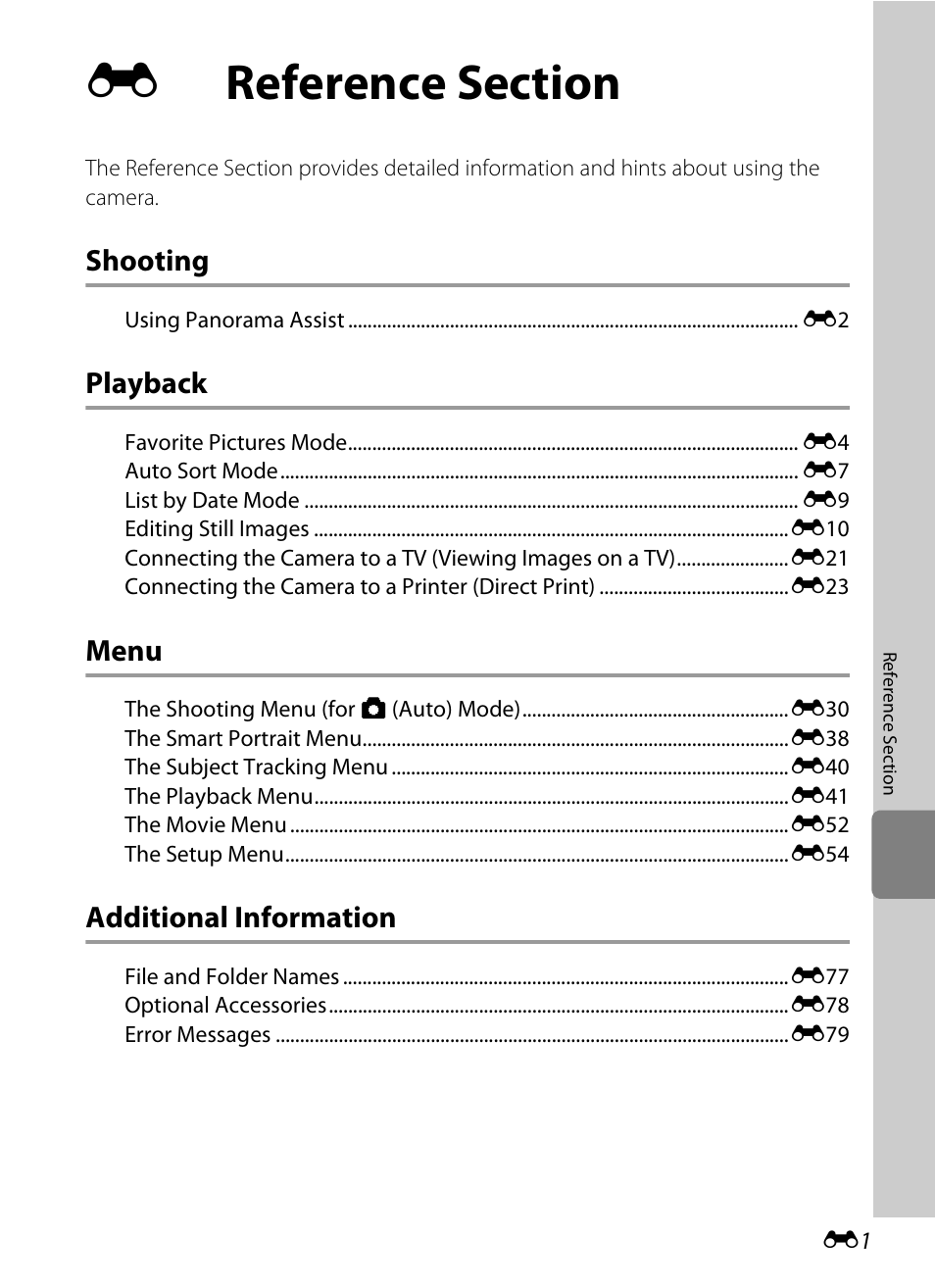 Reference section, Shooting, Playback | Menu, Additional information | Nikon S6200 User Manual | Page 107 / 212