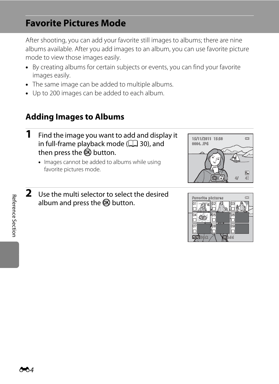Favorite pictures mode, Adding images to albums | Nikon S6200 User Manual | Page 110 / 212