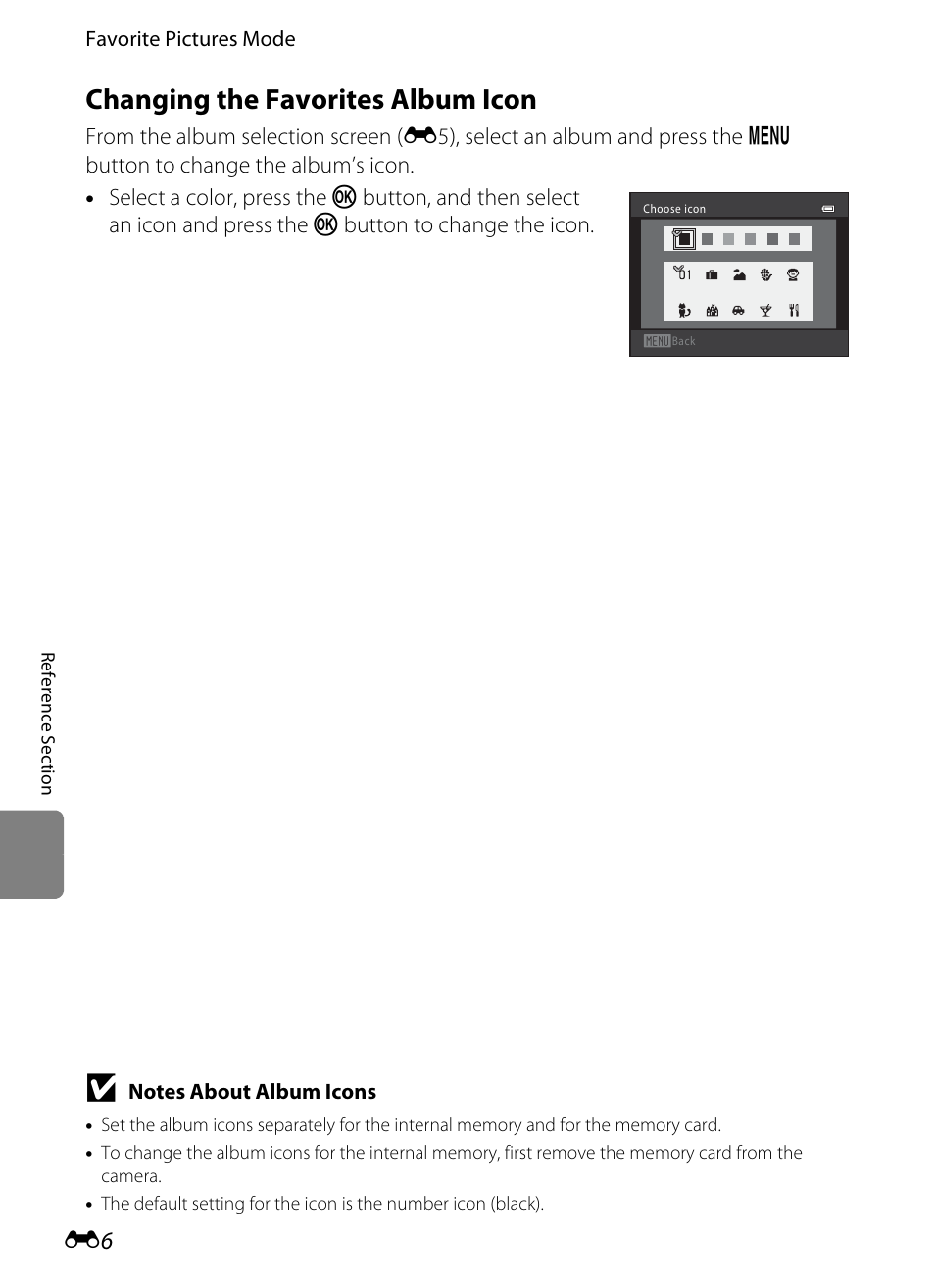 Changing the favorites album icon, On (e6) | Nikon S6200 User Manual | Page 112 / 212