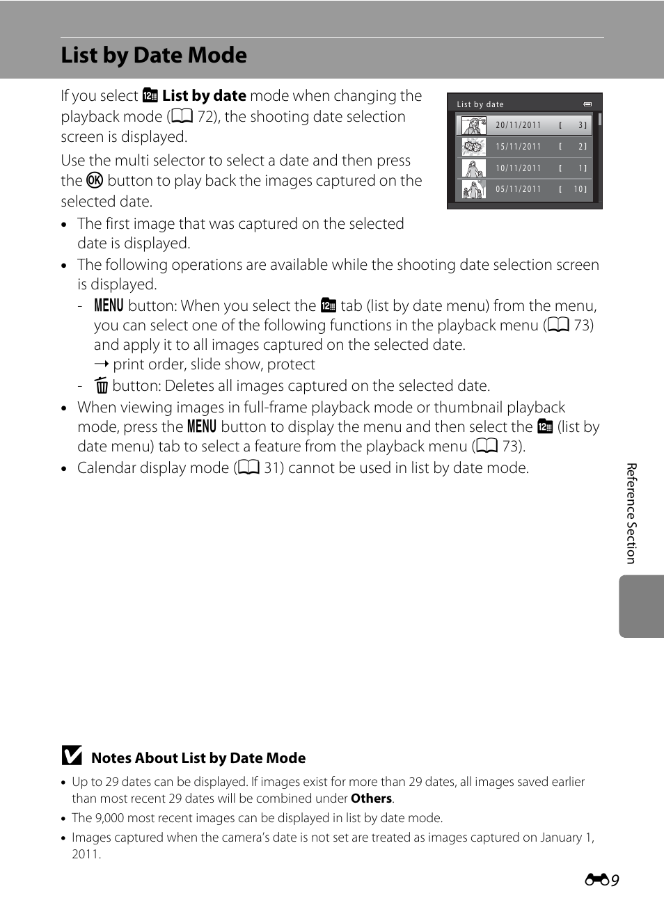 List by date mode, E9) to | Nikon S6200 User Manual | Page 115 / 212
