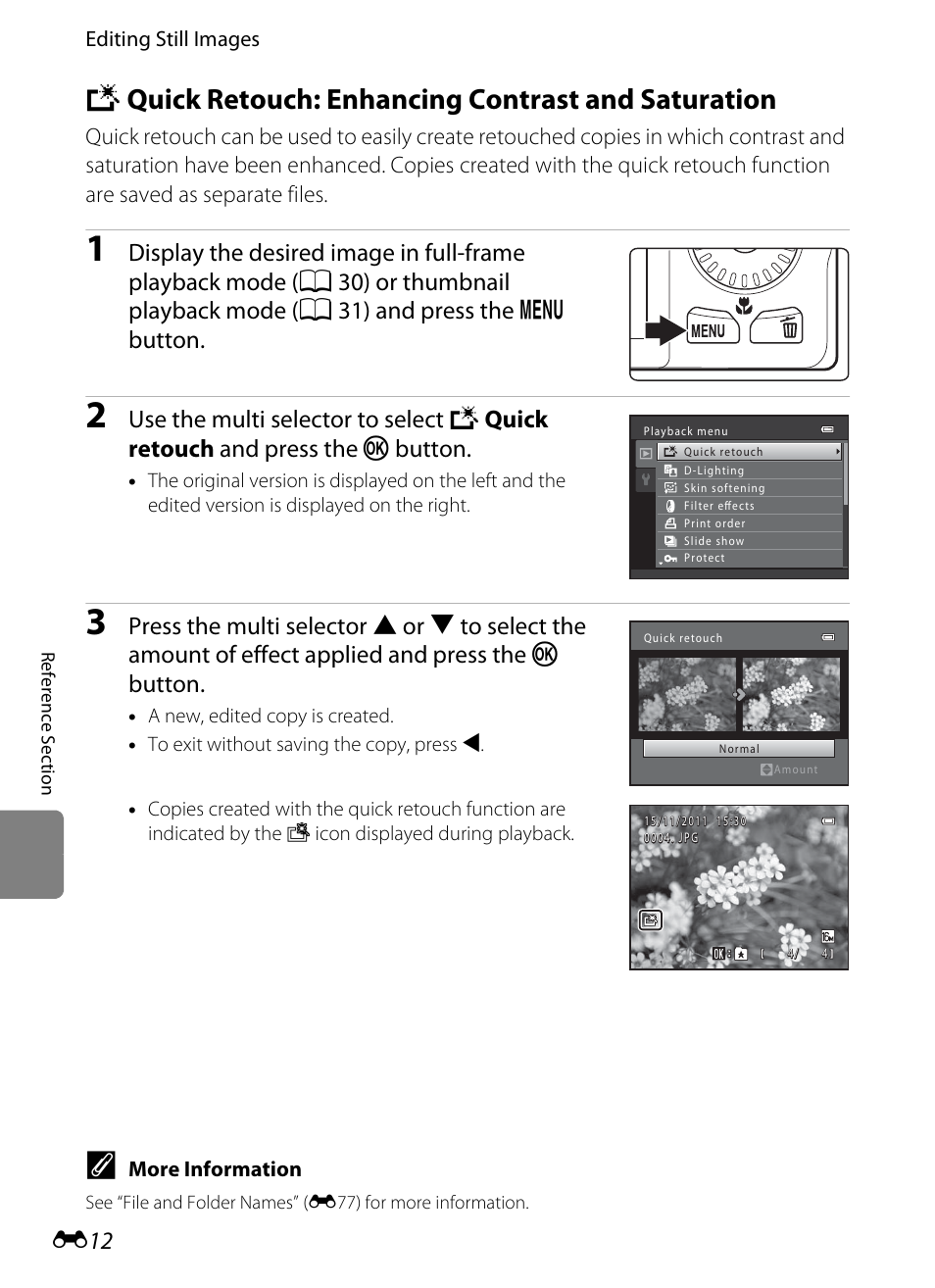 Quick retouch: enhancing contrast and saturation, K quick retouch: enhancing contrast and saturation, E12) | Nikon S6200 User Manual | Page 118 / 212