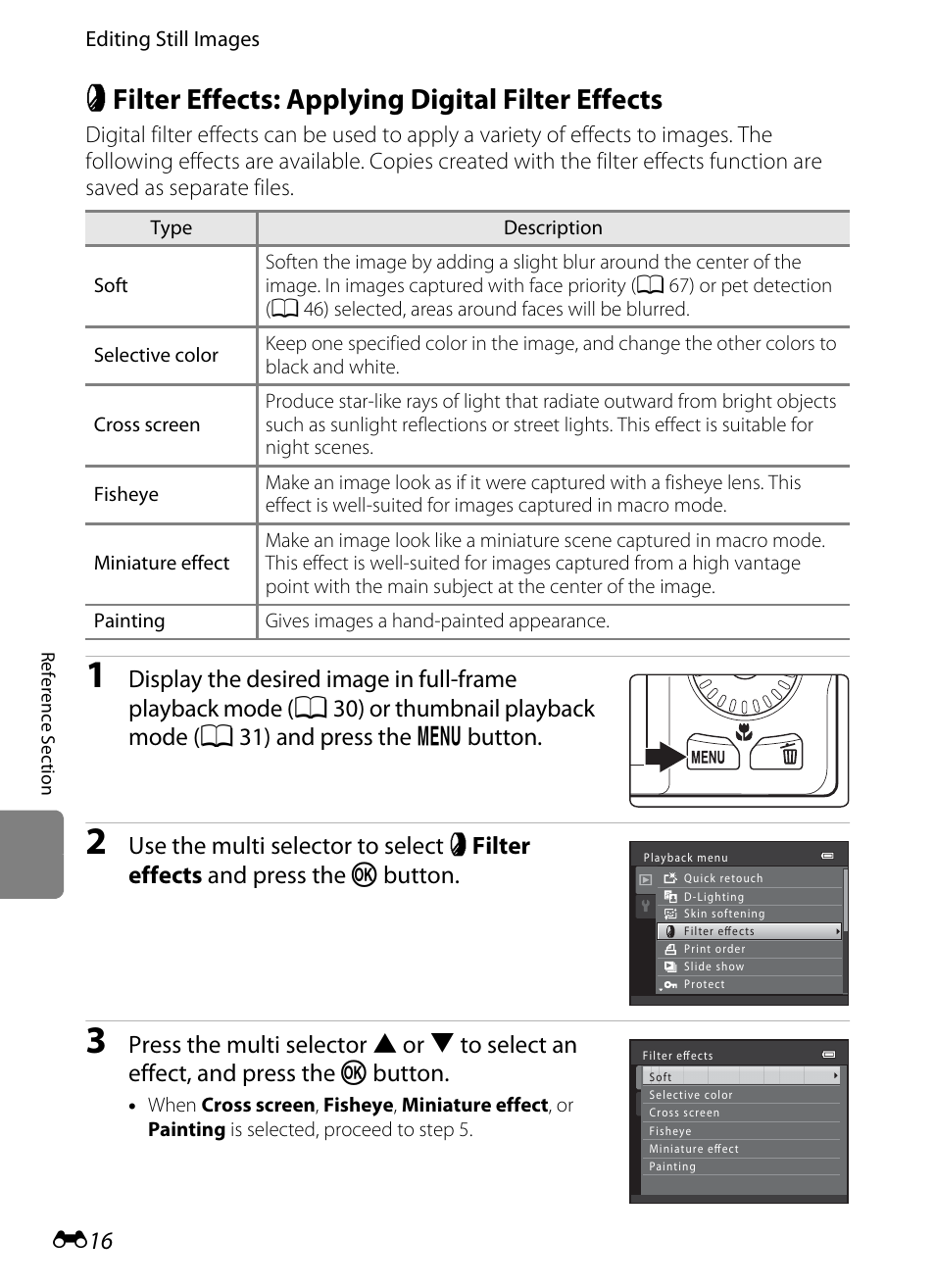 Filter effects: applying digital filter effects, P filter effects: applying digital filter effects, S (e16) | Nikon S6200 User Manual | Page 122 / 212