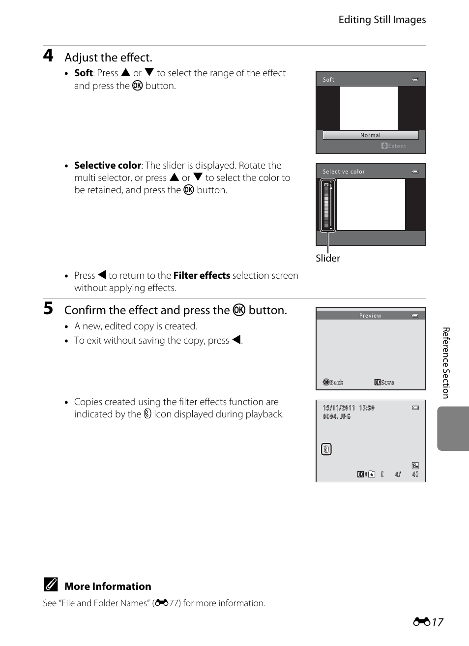 Adjust the effect, Confirm the effect and press the k button | Nikon S6200 User Manual | Page 123 / 212