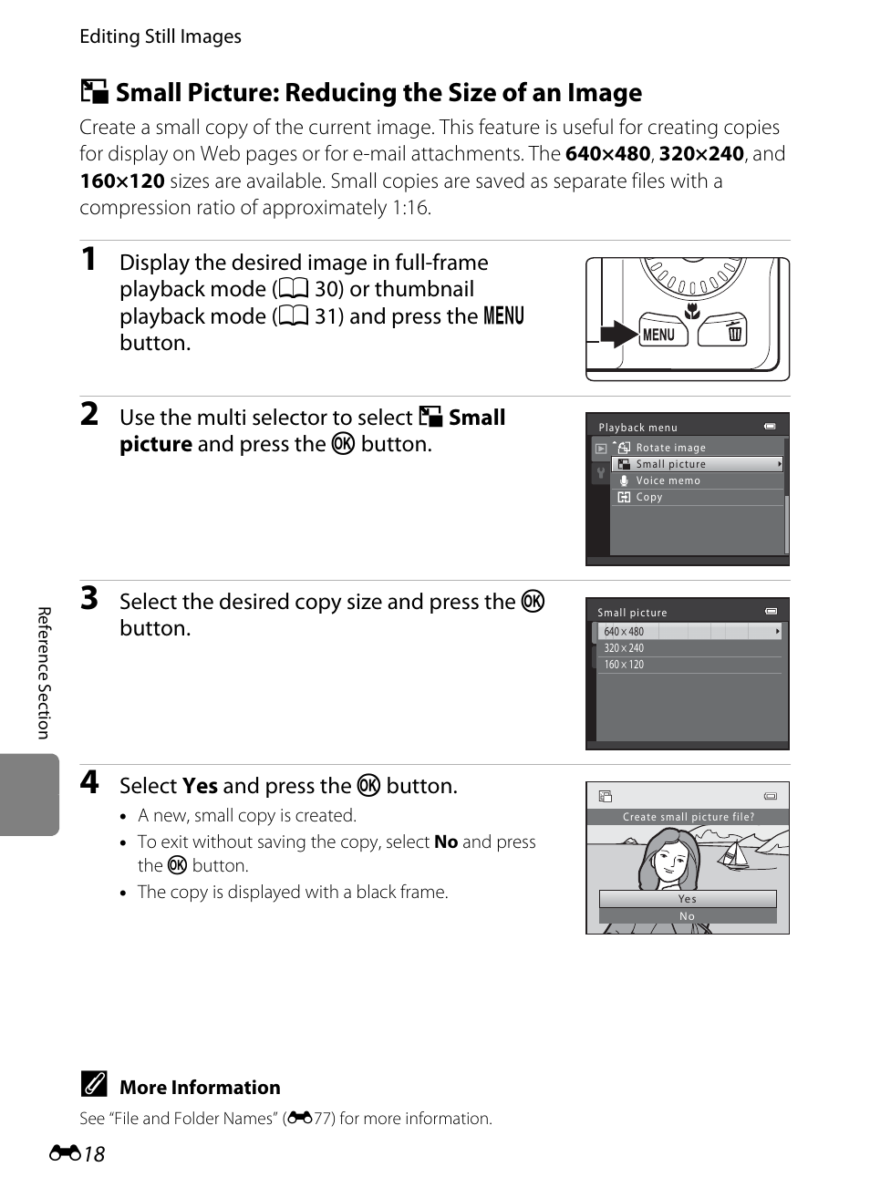 Small picture: reducing the size of an image, G small picture: reducing the size of an image, Select yes and press the k button | Nikon S6200 User Manual | Page 124 / 212