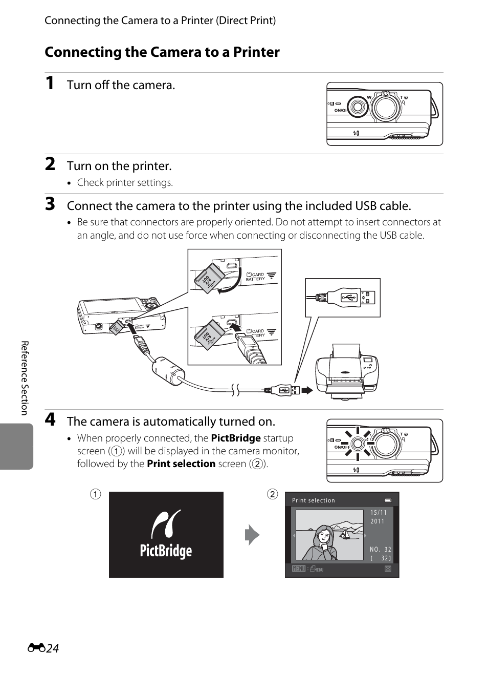 Connecting the camera to a printer, R (e24 | Nikon S6200 User Manual | Page 130 / 212