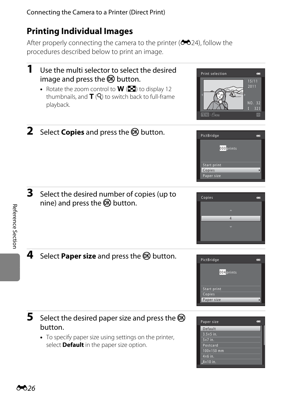 Printing individual images, Ime (e26), Select copies and press the k button | Select paper size and press the k button | Nikon S6200 User Manual | Page 132 / 212