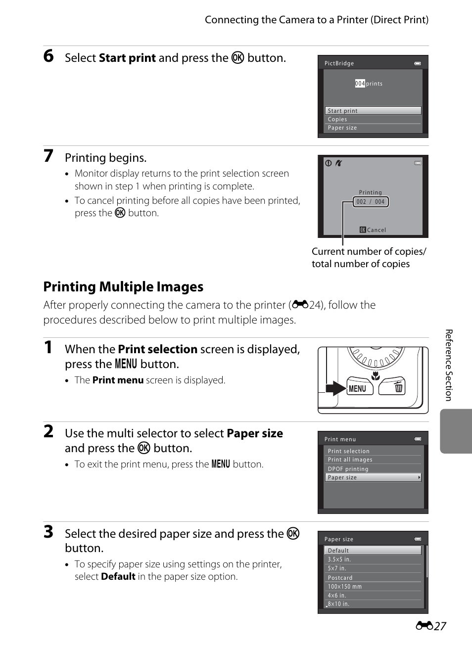 Printing multiple images, E27), Select start print and press the k button | Printing begins | Nikon S6200 User Manual | Page 133 / 212