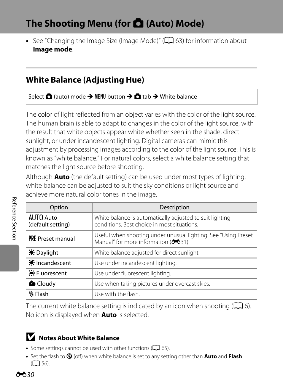 The shooting menu (for auto mode), White balance (adjusting hue), The shooting menu (for a (auto) mode) | Nikon S6200 User Manual | Page 136 / 212