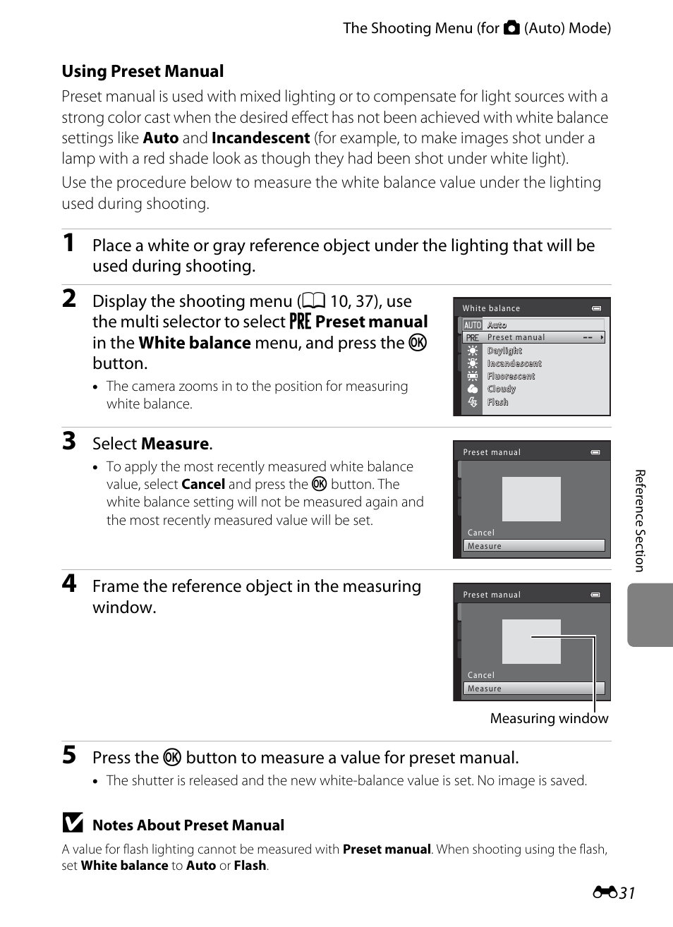 Using preset manual, E31), Select measure | Frame the reference object in the measuring window | Nikon S6200 User Manual | Page 137 / 212