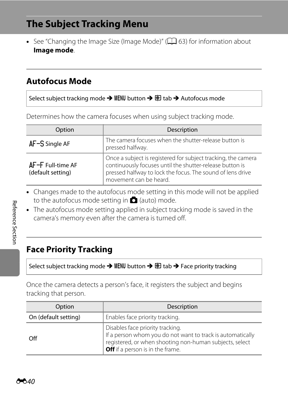 The subject tracking menu, Autofocus mode, Face priority tracking | Nikon S6200 User Manual | Page 146 / 212