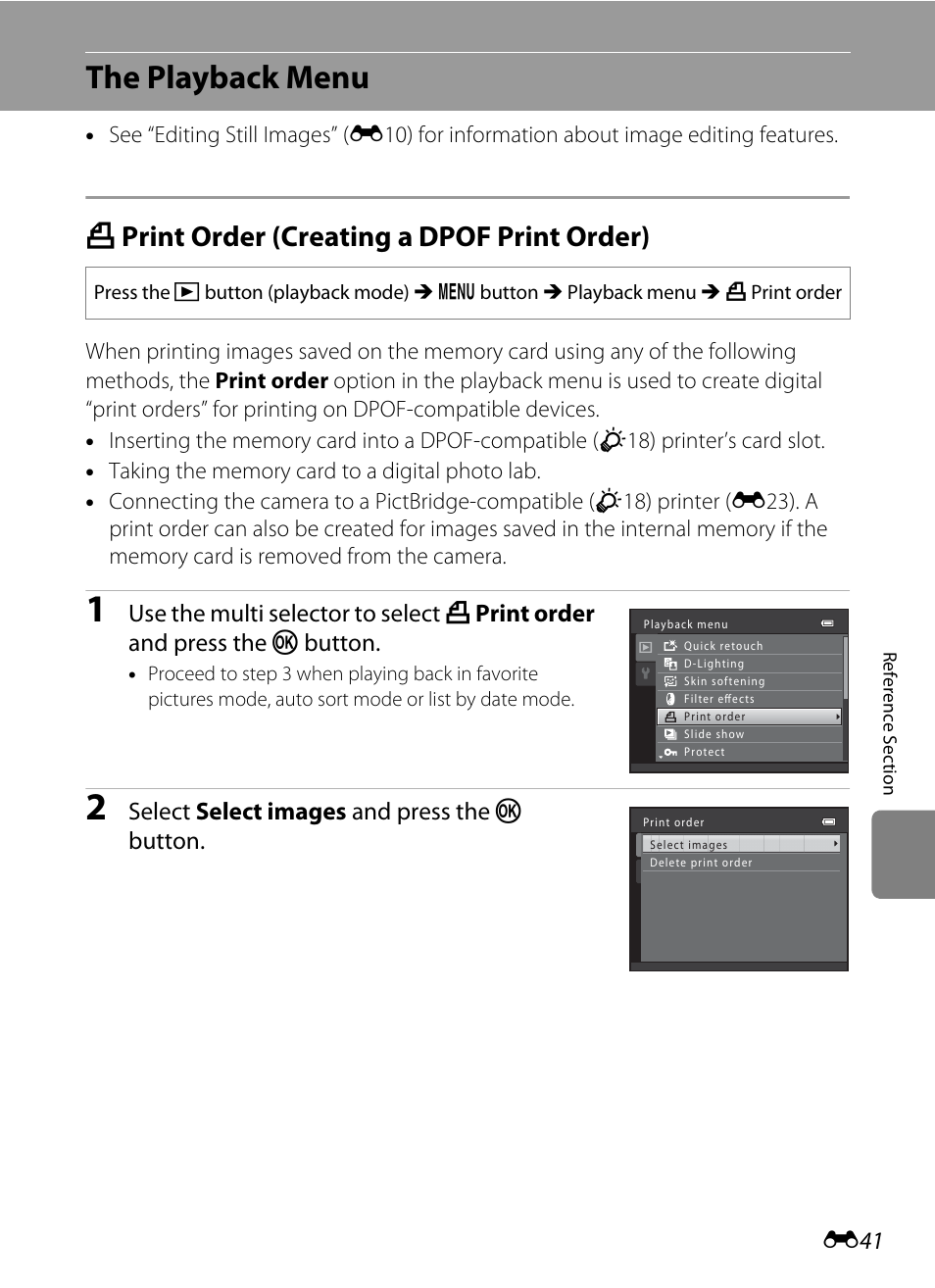 The playback menu, Print order (creating a dpof print order), A print order (creating a dpof print order) | E41), Select select images and press the k button | Nikon S6200 User Manual | Page 147 / 212