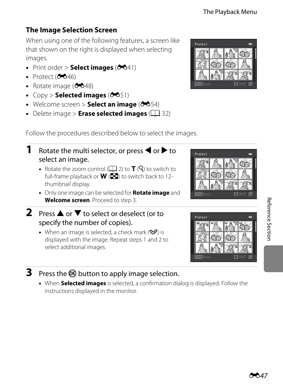 E “the image selection screen, The image selection screen, Press the k button to apply image selection | Nikon S6200 User Manual | Page 153 / 212