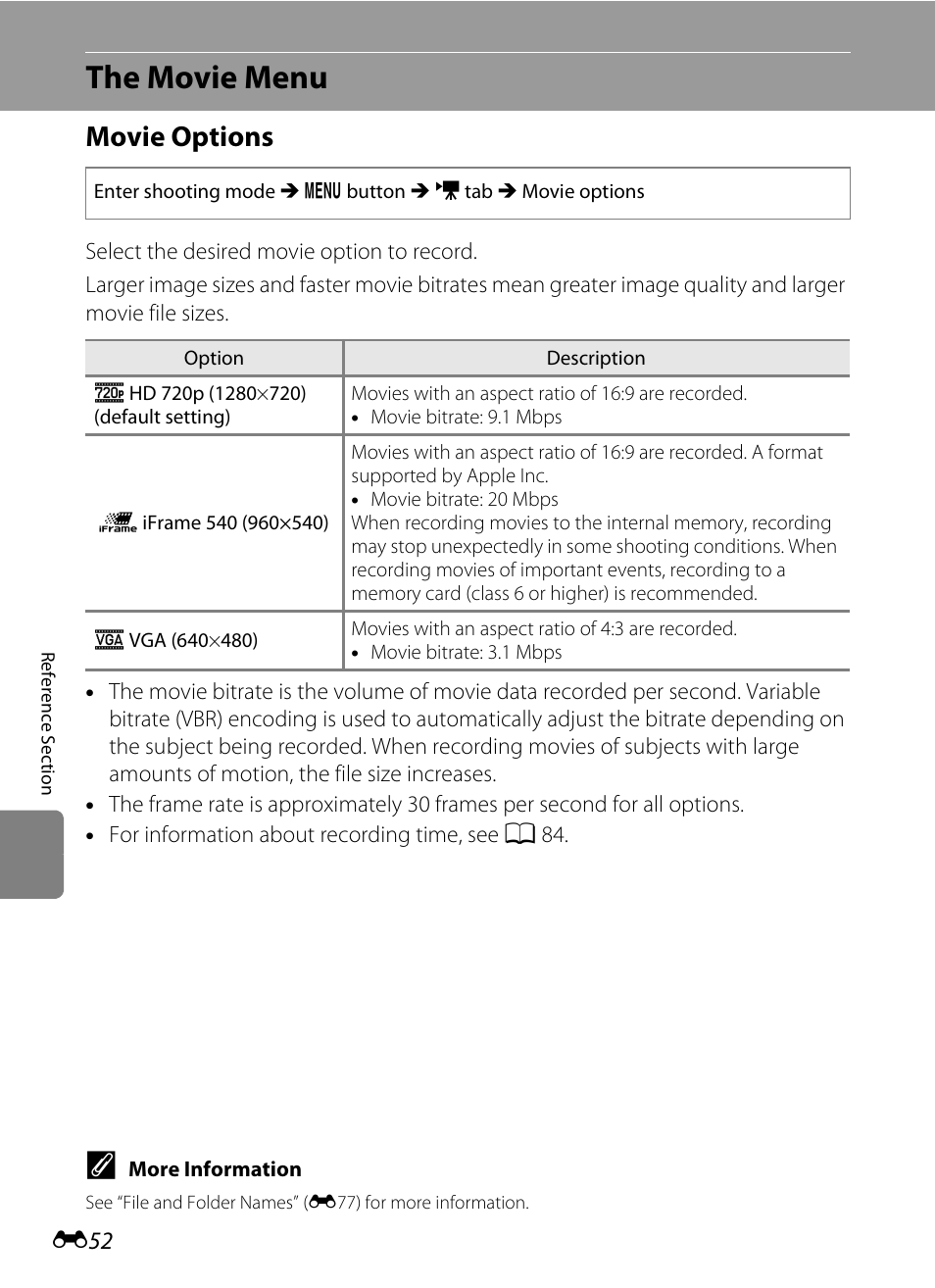 The movie menu, Movie options, E52) | Nikon S6200 User Manual | Page 158 / 212