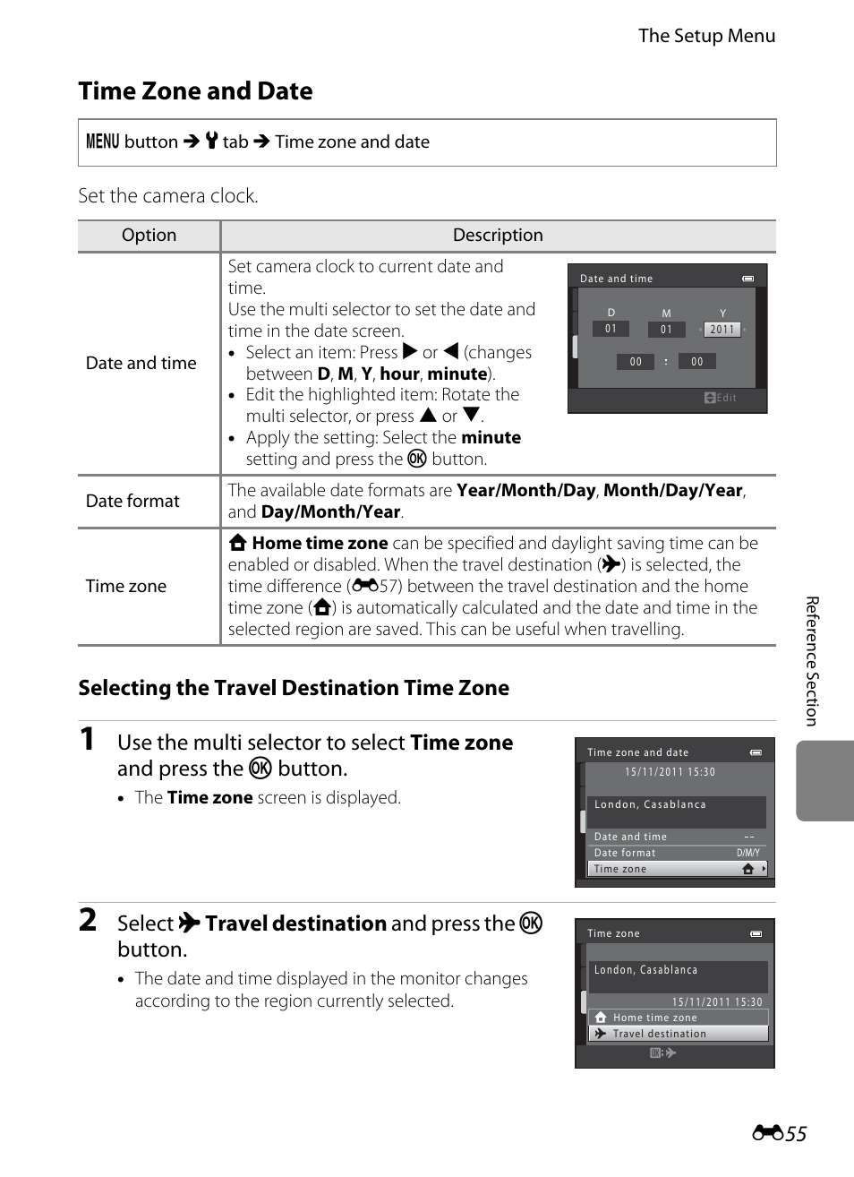 Time zone and date, Selecting the travel destination time zone, Select x travel destination and press the k button | Set the camera clock | Nikon S6200 User Manual | Page 161 / 212