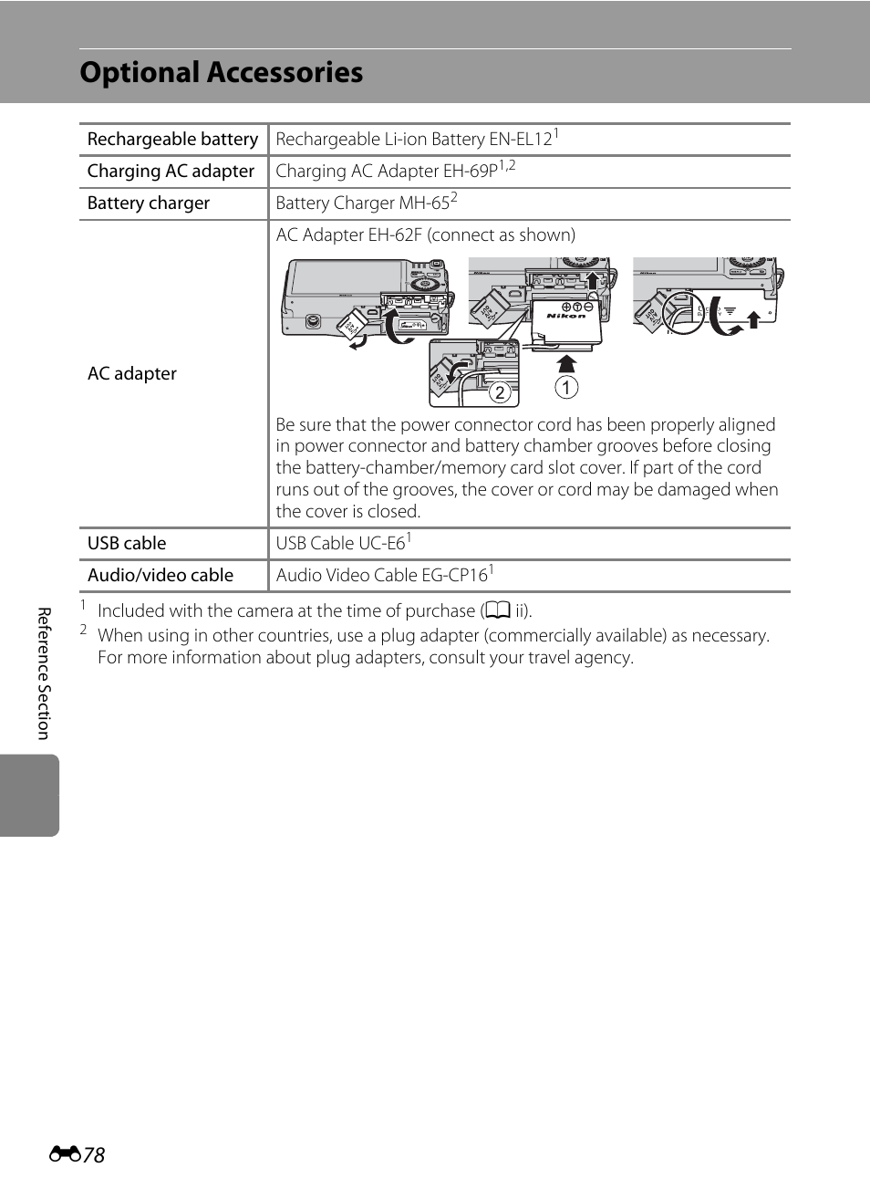 Optional accessories, E78), E78) to | Nikon S6200 User Manual | Page 184 / 212
