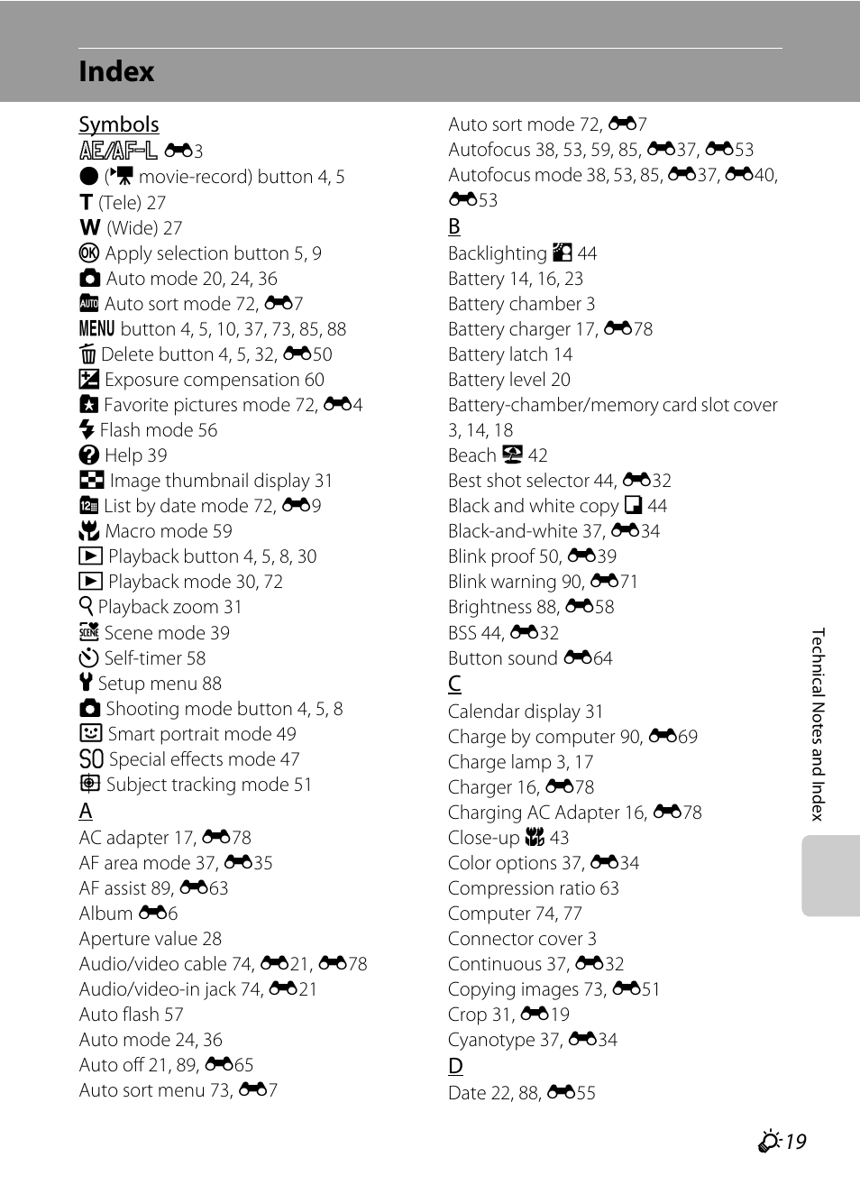 Index, F 19 | Nikon S6200 User Manual | Page 207 / 212