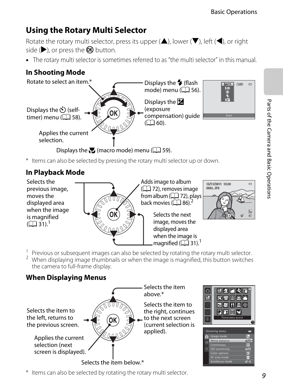 Using the rotary multi selector, E “using the rotary multi selector, When displaying menus | Basic operations | Nikon S6200 User Manual | Page 25 / 212