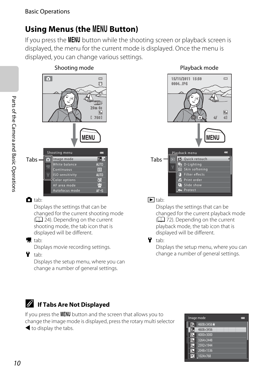 Using menus (the menu button), Using menus (the, D button) | Using menus (the d button), Basic operations, If tabs are not displayed | Nikon S6200 User Manual | Page 26 / 212