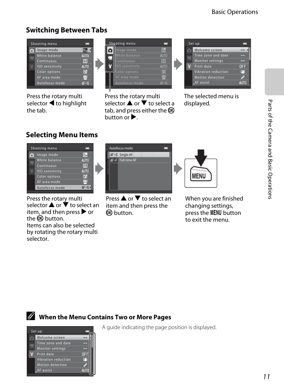 Switching between tabs selecting menu items, Basic operations, When the menu contains two or more pages | Nikon S6200 User Manual | Page 27 / 212