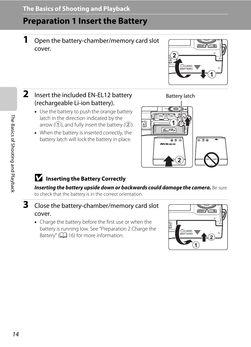 Preparation 1 insert the battery | Nikon S6200 User Manual | Page 30 / 212