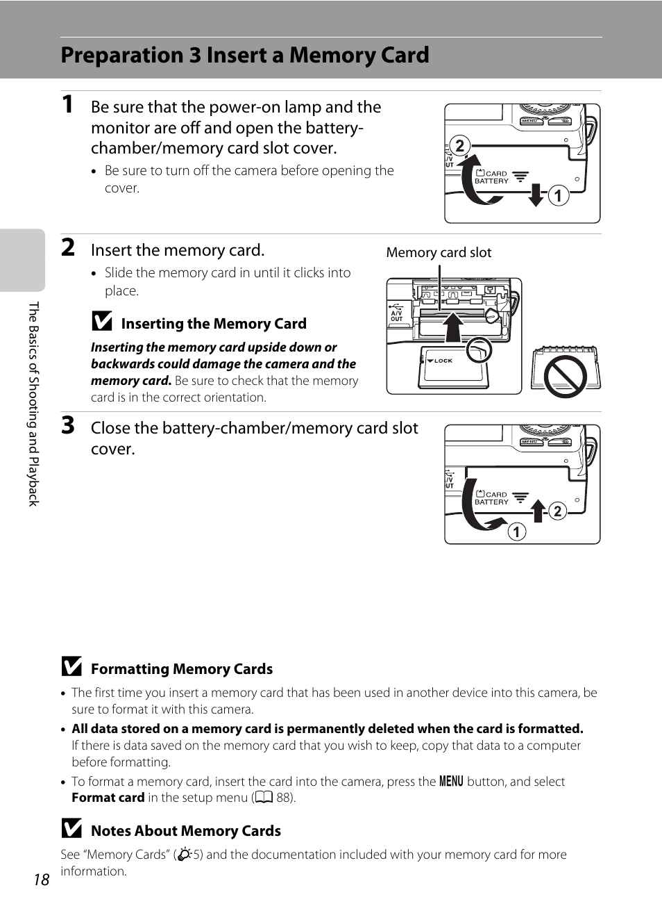 Preparation 3 insert a memory card | Nikon S6200 User Manual | Page 34 / 212