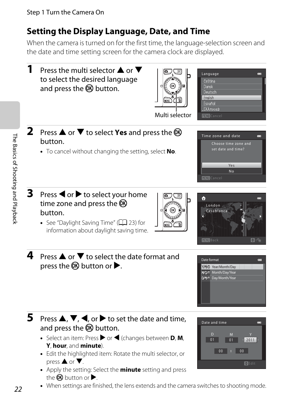Setting the display language, date, and time, E “setting the display language, date, and time, A 22 | Press h or i to select yes and press the k button | Nikon S6200 User Manual | Page 38 / 212