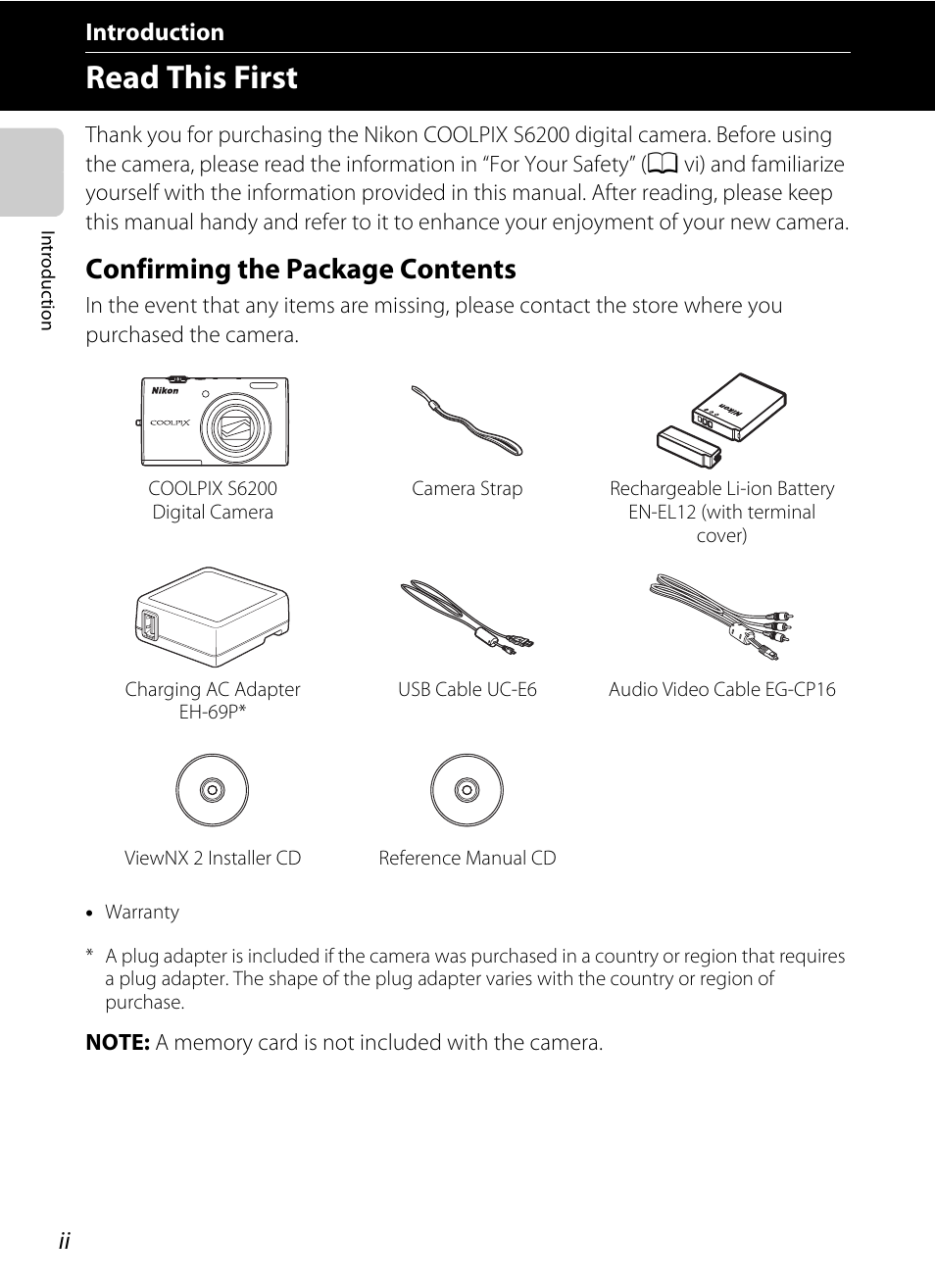 Introduction, Read this first, Confirming the package contents | Nikon S6200 User Manual | Page 4 / 212